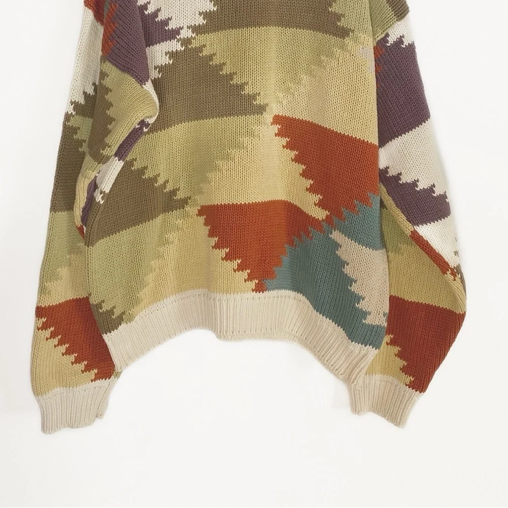 Vtg Perry Ellis knit Grandpa Sweater Geometric Triangle Colorful Mens size L